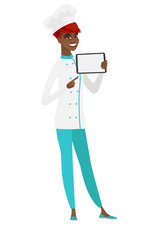 Smiling chef cook holding tablet computer.