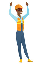 Builder standing with raised arms up.