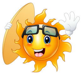 Happy cartoon sun character with surfboard