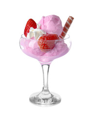 Delicious ice-cream, strawberry, whipped cream and wafer rolls in glass bowl on white background