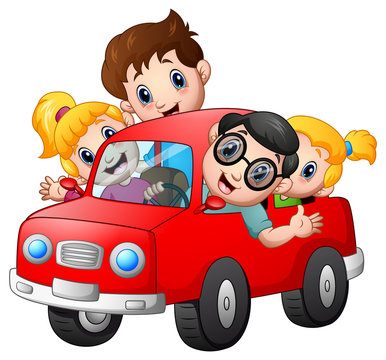 Happy family travelling with car