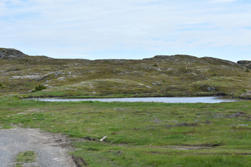 Rolling hills with calm stream in rural Newfoundland