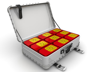 A suitcase filled with red SIM cards. Isolated. 3D Illustration