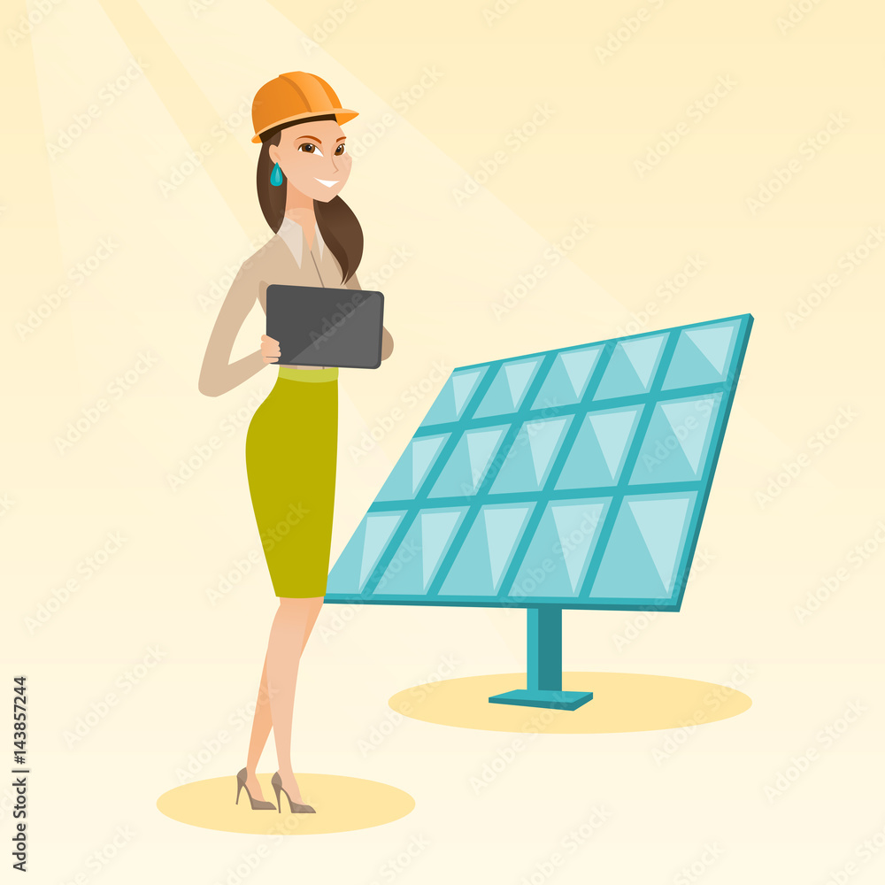 Poster female worker of solar power plant.