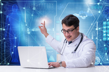 Doctor in telemedicine concept pressing button