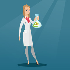 Scientist holding flask with biohazard sign.