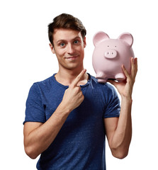 Smiling man with piggy bank.