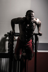 Fototapeta na wymiar bodybuilder in the gym performs exercises for bodybuilding.