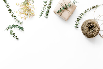 gift in box composition for birthday on white background top view mock-up