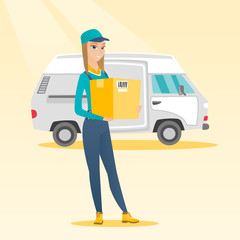 Delivery courier carrying cardboard boxes.