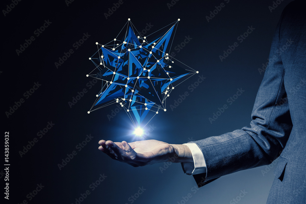 Poster human hand pointing at technological 3D rendering object. mixed media.