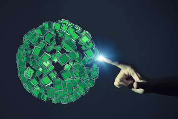 human hand pointing at technological 3D rendering object. mixed media.