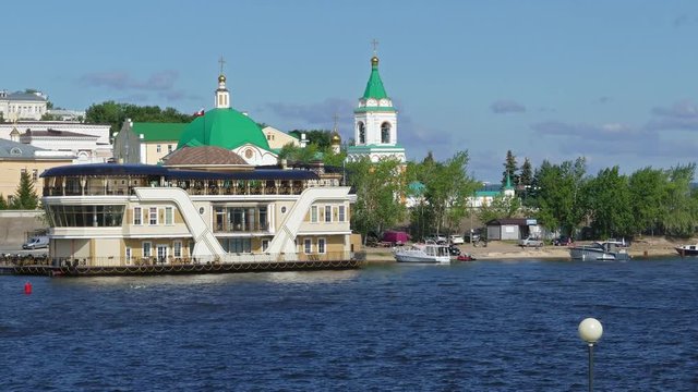 Embankment of Cheboksary city on the Volga River, Russia, 4k
