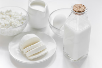 proteic breakfast concept with dairy products on table