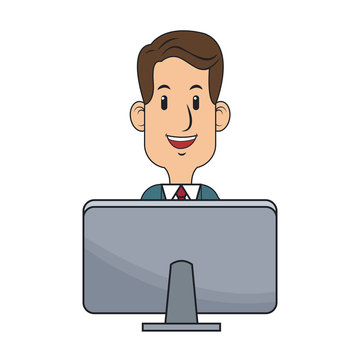 businessman and monitor computer,  cartoon icon over white background. colorful design. vector illustration