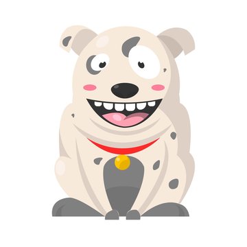 Big smiling Bulldog with grey spots, huge eyes, showing teeth