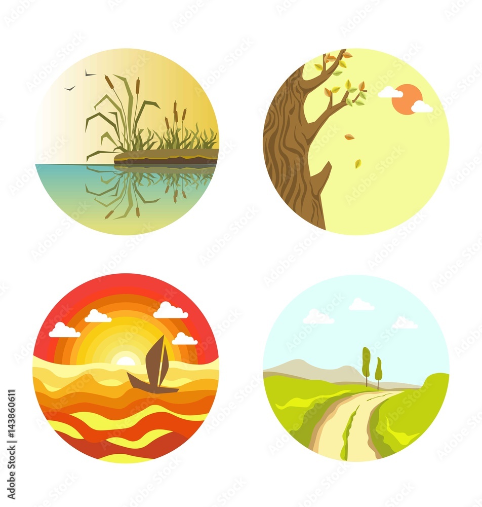 Wall mural Nature views on four circles isolated on white - Wall murals
