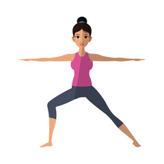 Fototapeta na wymiar girl doing yoga with warrior pose, cartoon icon over white background. colorful design. vector illustration