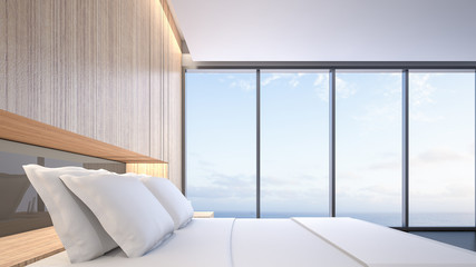 Naklejka na ściany i meble Luxury bedroom with view of sea , 3d rendering