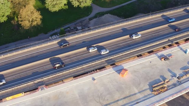 Aerial view of large bridge construction site Schiersteiner Bruecke - A643, Germany. The highway bridge connects the German cities Wiesbaden and Mainz, its completion date is scheduled for autumn 2019