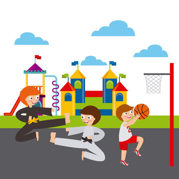 kids practicing sports, cartoon icons. colorful design. vector illustration