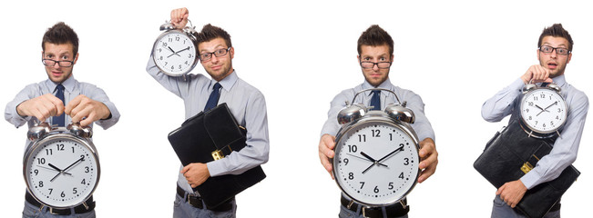 Collage of businessman with clock on white