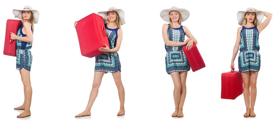 Collage of woman preparing for summer vacation isolated on white