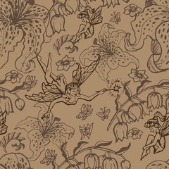 Fototapeta premium Seamless background with fairy girls and flowers. Vector illustration