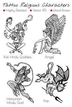 Tattoo set with hand drawn religious characters Kali, Angel, Imp, Hanuman.  Vector illustration