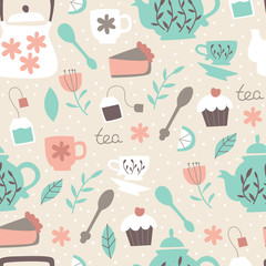 Seamless Pattern with Tea Elements. Background with Teapots, Cups, Lemon, Flowers and Leaves. Hand Drawn Vector Illustration.