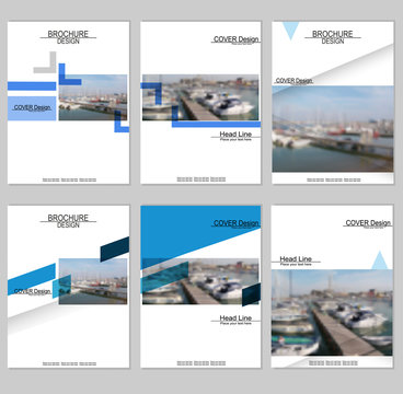 Vector brochure cover templates with blurred seaport. Business brochure cover design. EPS 10. Mesh background.