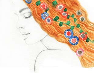 Woman with flowers. Fashion illustration. Watercolor painting