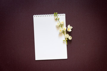 blank notebook with a branch of a flowering jasmine on a purple