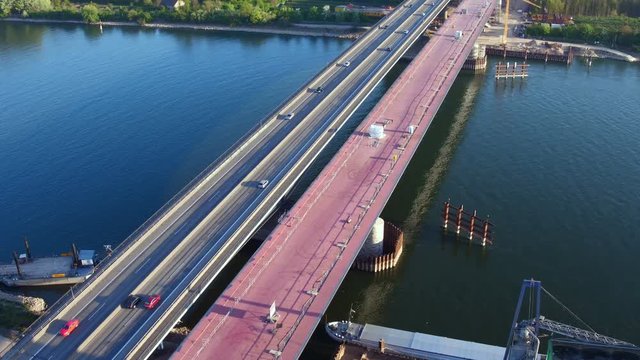 Aerial view of large bridge construction site Schiersteiner Bruecke - A643, Germany. The highway bridge connects the German cities Wiesbaden and Mainz, its completion date is scheduled for autumn 2019