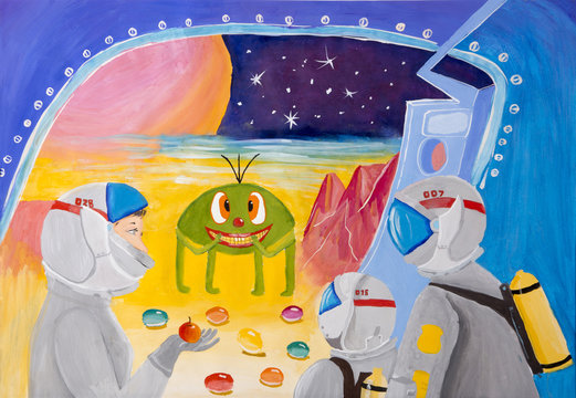 Children's drawing gouache "Smile from a distant planet"	