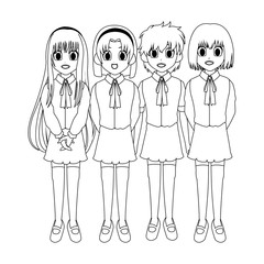 anime girls wearing school uniforms, icon over white background. vector illustration
