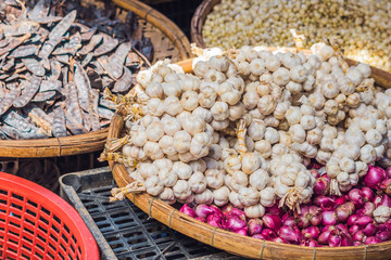 Garlic in the Vietnamese market. Asian food concept
