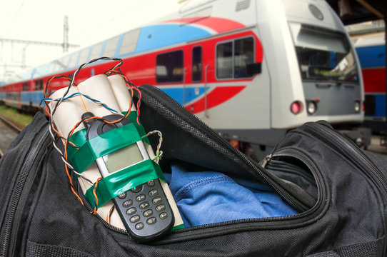 Dynamite bomb with phone in terrorist bag on train station