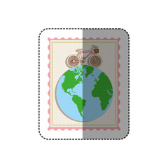 sticker color pastel frame with bicycle over the world map vector illustration