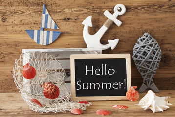 Chalkboard With Nautical Decoration, Text Hello Summer