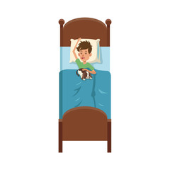 boy slepping at the bed with his dog, cartoon icon over white background. colorful design. vector illustration