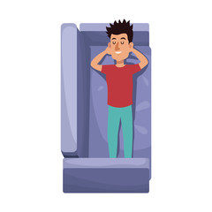 man resting at the couch, cartoon icon over white background. colorful design. vector illustration