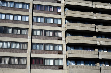 Residential building with balconies in Montreal  downtown Canada.