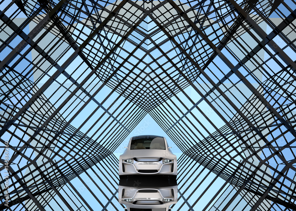 Aufkleber front view of silver car on kaleidoscope style background. 3d rendering image.