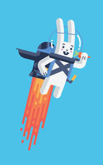 Flying Rocket Jetpack Rabbit Launching in Sky Isolated in Material Design Vector and Bright Contrasting White and Blue