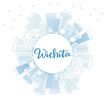 Outline Wichita Skyline with Blue Buildings and Copy Space.