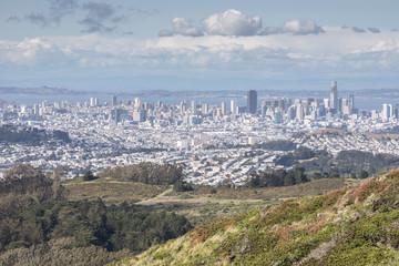 San Francisco Skyline from San Bruno Mountain State Park. Spectacular views of San Francisco Skyline from Summit Loop Trail.