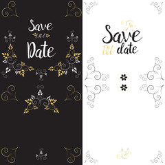 Fototapeta na wymiar black and white save the date cards with golden elements outside and inside design