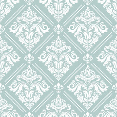 Damask vector classic pattern. Seamless abstract light blue and white background with repeating elements. Orient background