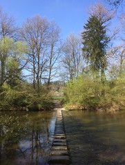 Steinbr&uuml;cke zum &uuml;berqueren eines Flussen in einem Wald im Fr&uuml;hling